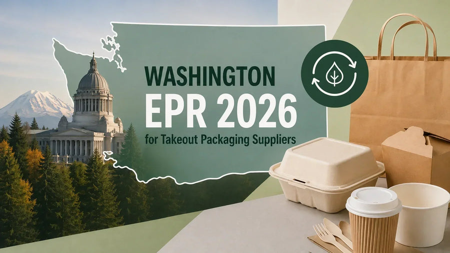 Washington EPR 2026 requirements for takeout packaging suppliers with sustainable food packaging and Washington State imagery