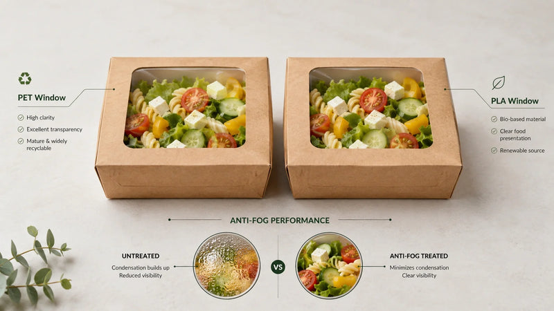 Kraft Food Boxes with Windows: PET vs PLA Windows, Anti-Fog Performance and Food Visibility