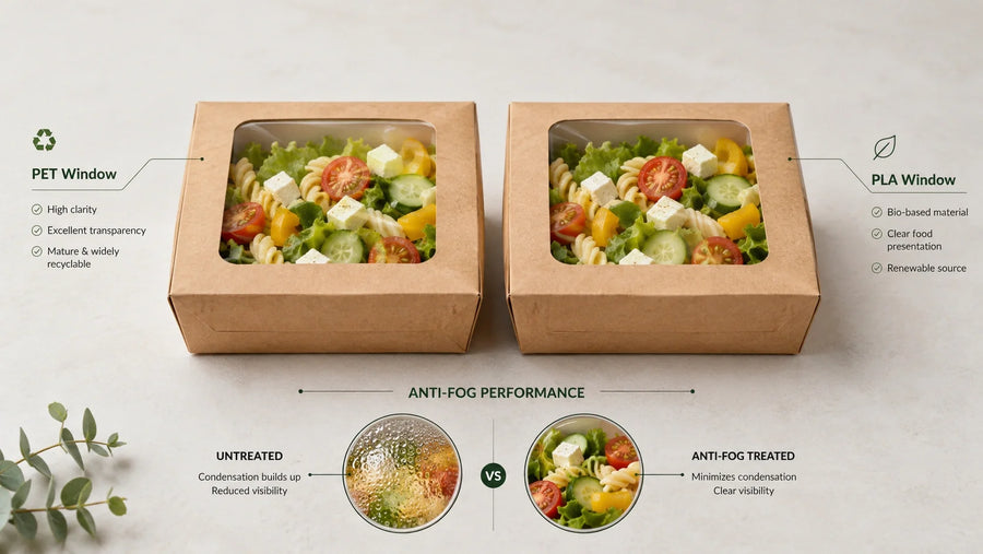 Kraft food boxes comparing PET and PLA windows with anti-fog performance and clear food visibility