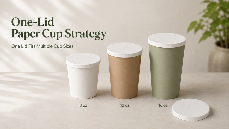 One lid paper cup strategy with a universal paper cup lid fitting multiple cup sizes to reduce SKUs and picking errors